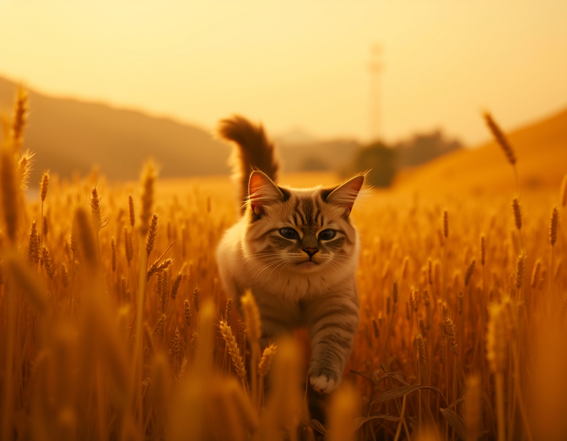 Cat sprints joyfully through a golden field, surrounded by waving wheat and warm light.